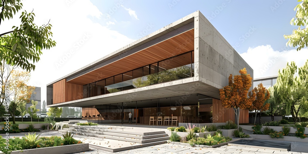 Fototapeta premium Modern Architecture Building Exterior With Concrete And Wood Design