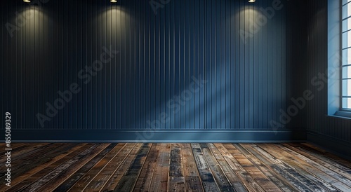 Empty Room With Blue Walls and Wood Floor Under Light