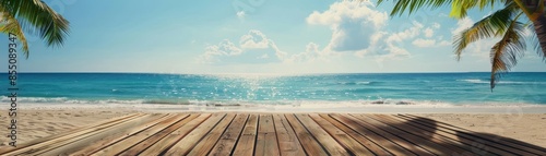 Empty Wooden Platform on Sunny Tropical Beach.