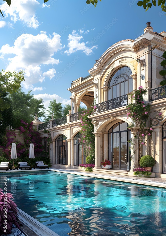 Naklejka premium A luxurious mansion with a swimming pool and beautiful flowers