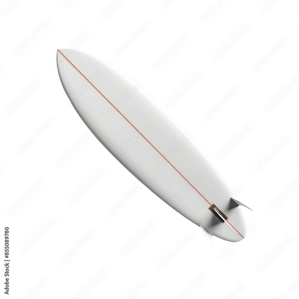 A white surfboard with a single fin, viewed from above, isolated on a black background. A white surfboard with a single fin, viewed from above, isolated on a black background.