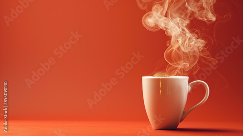 Swirling steaming cup of coffee on a saucer, isolated on a orange background