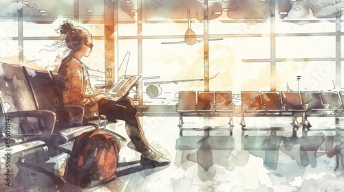 A traveler sits absorbed in reading at an airport, surrounded by soft watercolor washes and tranquil scenery