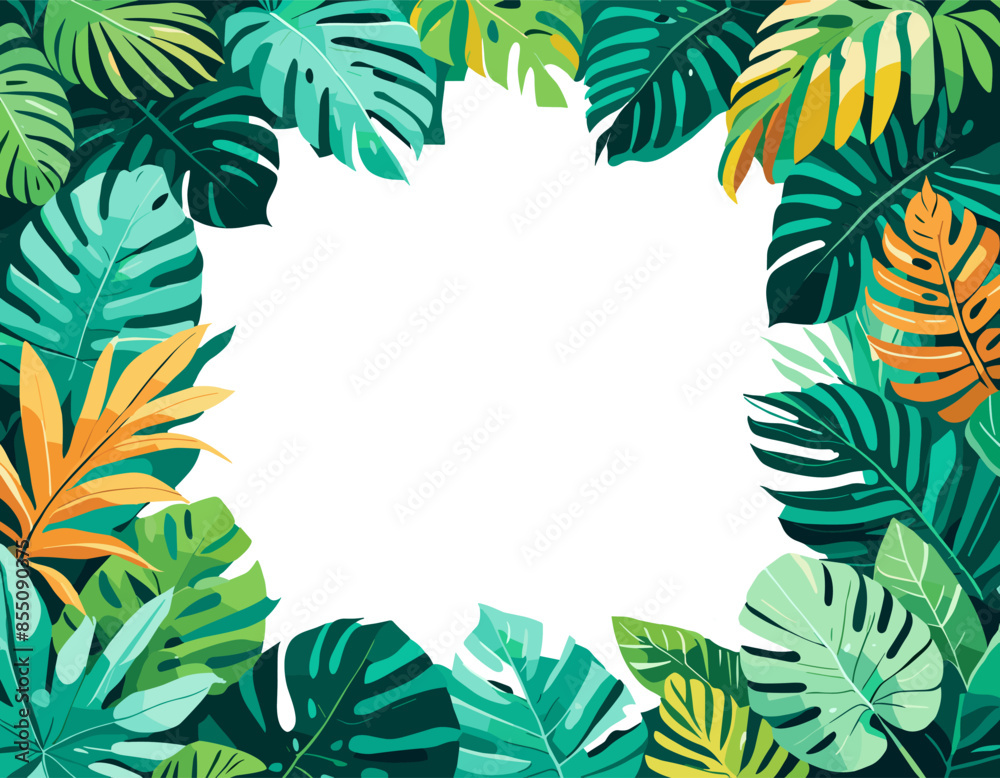 Summer background with frame made of green tropical palm leaves, jungle exotic foliage and place for text. Seasonal colorful flat vector illustration isolated on transparent background.