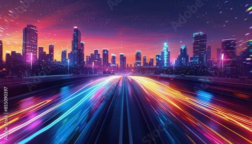 Neon Cityscape With Long Exposure Light Trails at Night