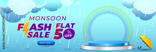 Web banner of rainy season background and monsoon flash sale 50% off with podium.