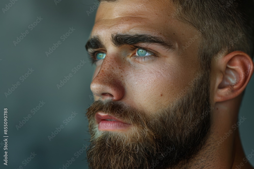 Close-Up of Bearded Man with Blue Eyes. Close-up portrait of a bearded man with striking blue eyes, capturing the intensity and detail of his facial features.