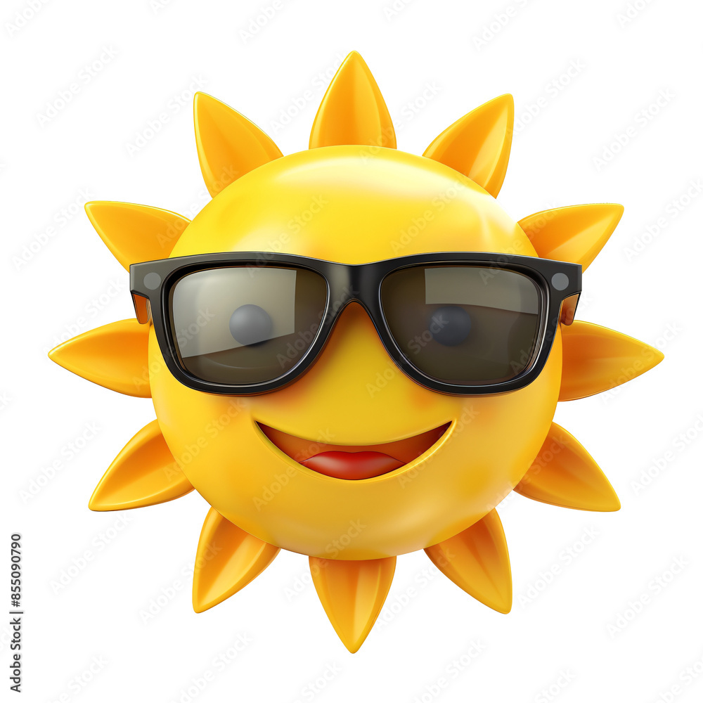 Smiling sun with sunglasses die cut PNG style isolated on white and transparent background Smiling sun with sunglasses die cut PNG style isolated on white and transparent background