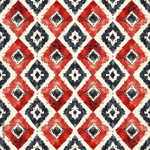 Tribal Aztec seamless pattern with Ikat fabric textile with Red and Black color on white backgrounds