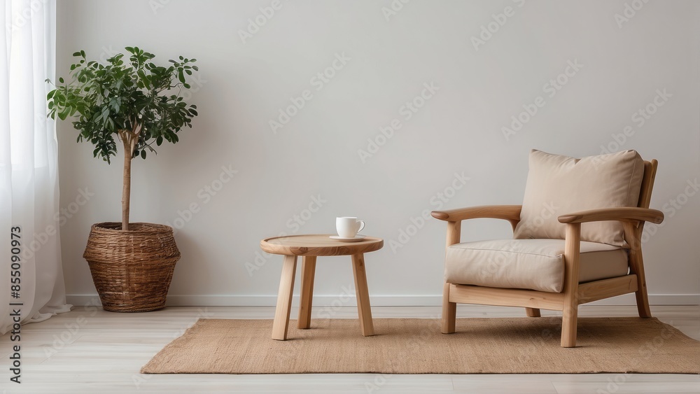Interior home of living room with beige armchair and wooden coffee table on white wall, hardwood floor Interior home of living room with beige armchair and wooden coffee table on white wall, hardwood floor