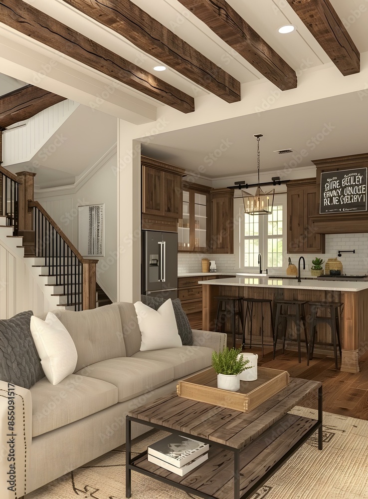 A cozy living room with a rustic wooden coffee table and a gray sofa A cozy living room with a rustic wooden coffee table and a gray sofa