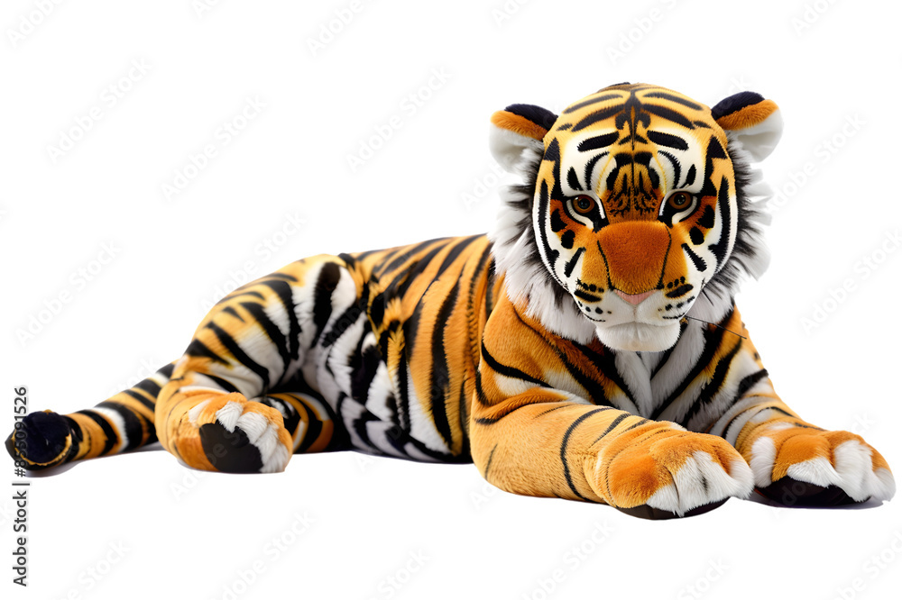 Obraz premium A vibrant photo of a tiger stuffed animal toy, isolated on a transparent background, featuring bold stripes and a playful pose