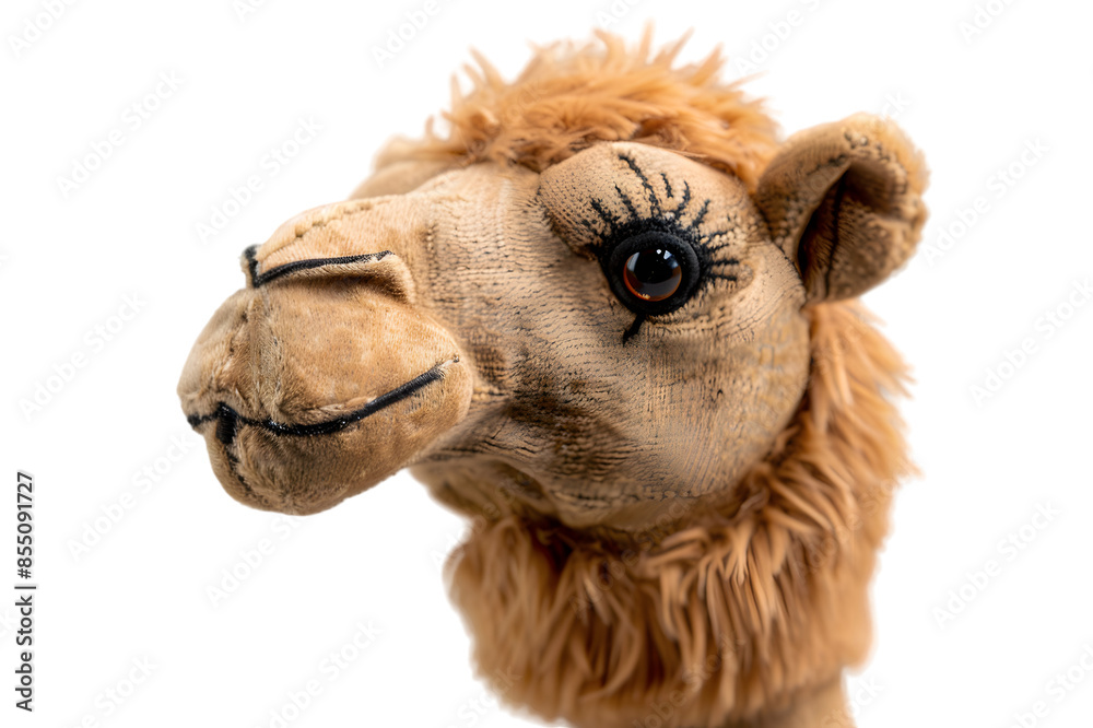 Obraz premium A close-up shot of a camel stuffed animal toy, isolated on a transparent background, showcasing its humps and detailed stitching