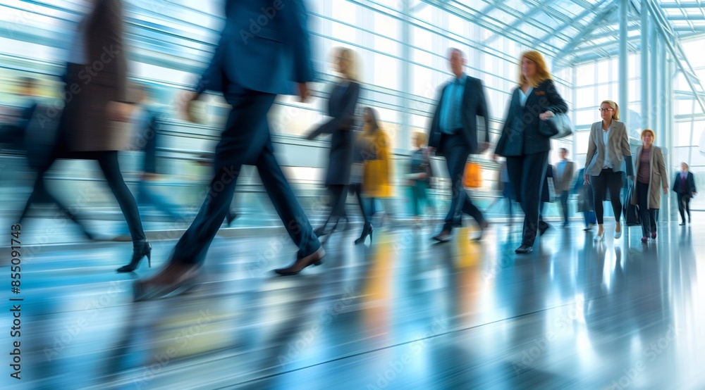 diverse life insurance agents walking quickly to a special conference, busy business people moving blurred motion.