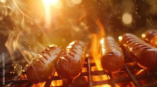 Grilled sausages sizzle over a fiery barbecue, bathed in warm, golden sunlight creating a mouth-watering summer cookout atmosphere.
