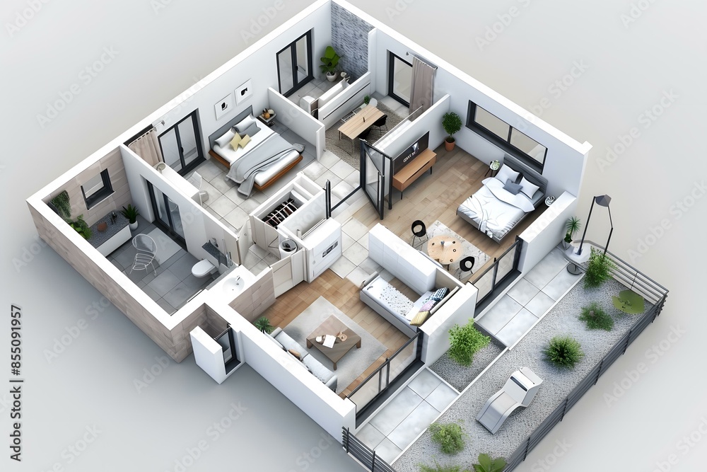 Modern apartment floor plan with balcony and furniture Modern apartment floor plan with balcony and furniture