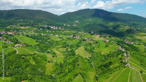 Aerial photos captures the beautiful fields of the Plešivica (Plesivica) wine region in Croatia. The image showcases picturesque hills covered with vineyards and cozy village photo