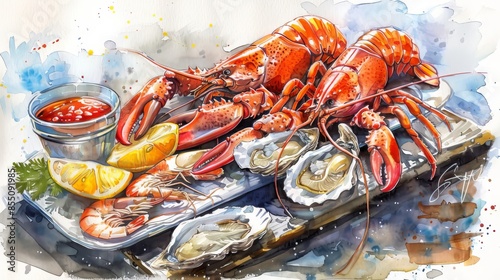 A delicious seafood platter with lobster, shrimp, and oysters.