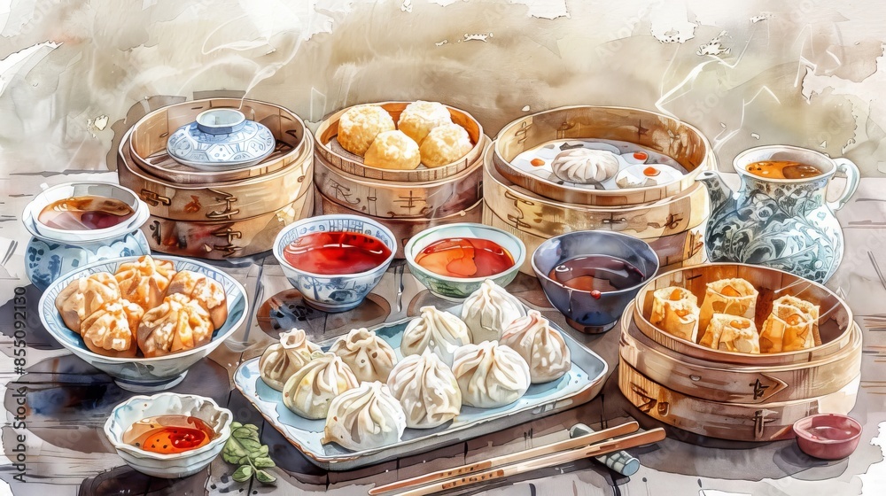 A variety of delicious dim sum dishes are on display, including dumplings, buns, and rolls A variety of delicious dim sum dishes are on display, including dumplings, buns, and rolls
