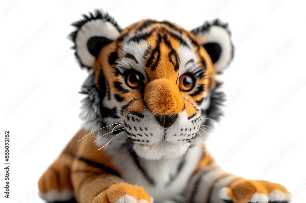 A close-up shot of a tiger cub stuffed animal toy, isolated on a transparent background, showcasing its playful expression and detailed stripes A close-up shot of a tiger cub stuffed animal toy, isolated on a transparent background, showcasing its playful expression and detailed stripes