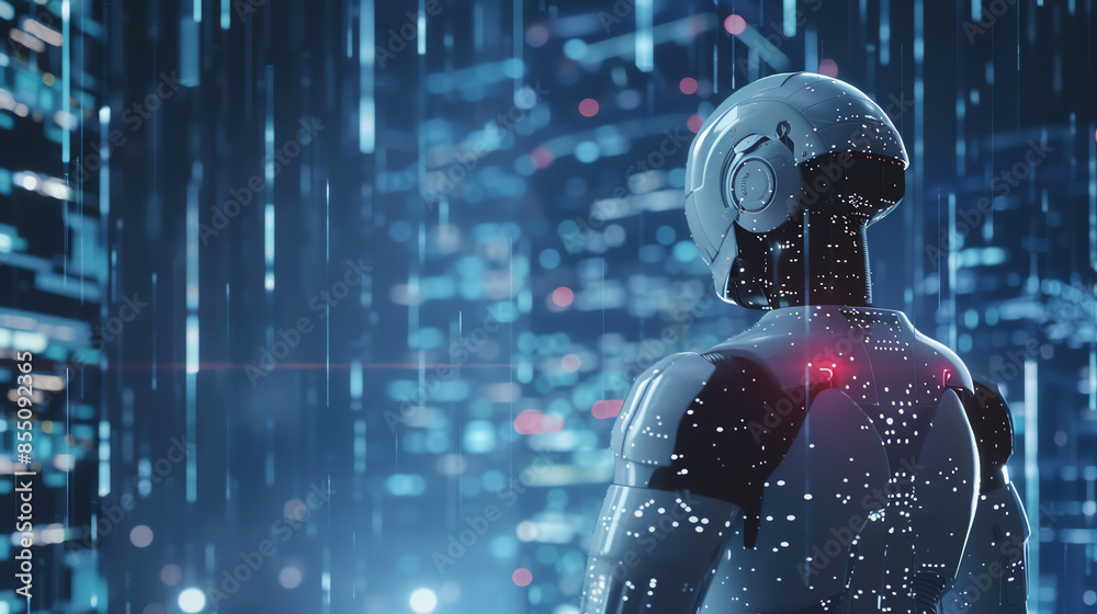 Futuristic robot overlooking a cybernetic cityscape with holographic elements and neon lights. A vision of advanced artificial intelligence. Futuristic robot overlooking a cybernetic cityscape with holographic elements and neon lights. A vision of advanced artificial intelligence.