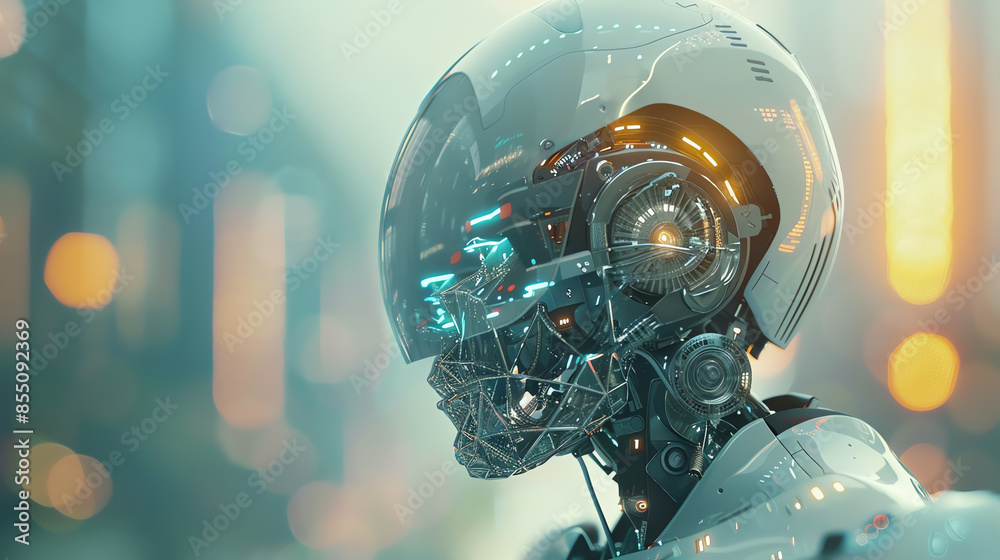 Futuristic robotic head with intricate mechanical details and illuminated circuits in a high-tech urban setting. Futuristic robotic head with intricate mechanical details and illuminated circuits in a high-tech urban setting.