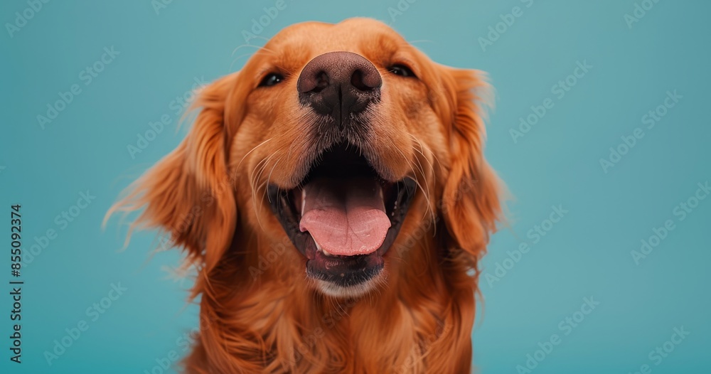 Obraz premium Golden Retriever Dog Smiles Against Blue Background