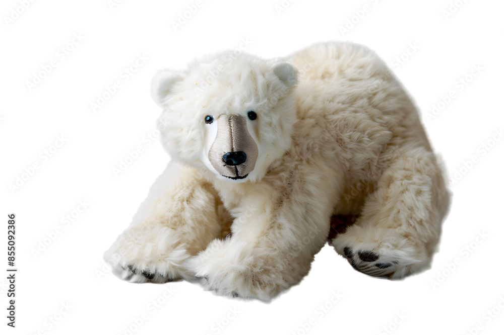 A detailed image of a polar bear stuffed animal toy, isolated on a transparent background, with soft white fur and a gentle expression A detailed image of a polar bear stuffed animal toy, isolated on a transparent background, with soft white fur and a gentle expression