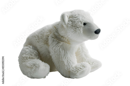 A detailed image of a polar bear stuffed animal toy, isolated on a transparent background, with soft white fur and a gentle expression
