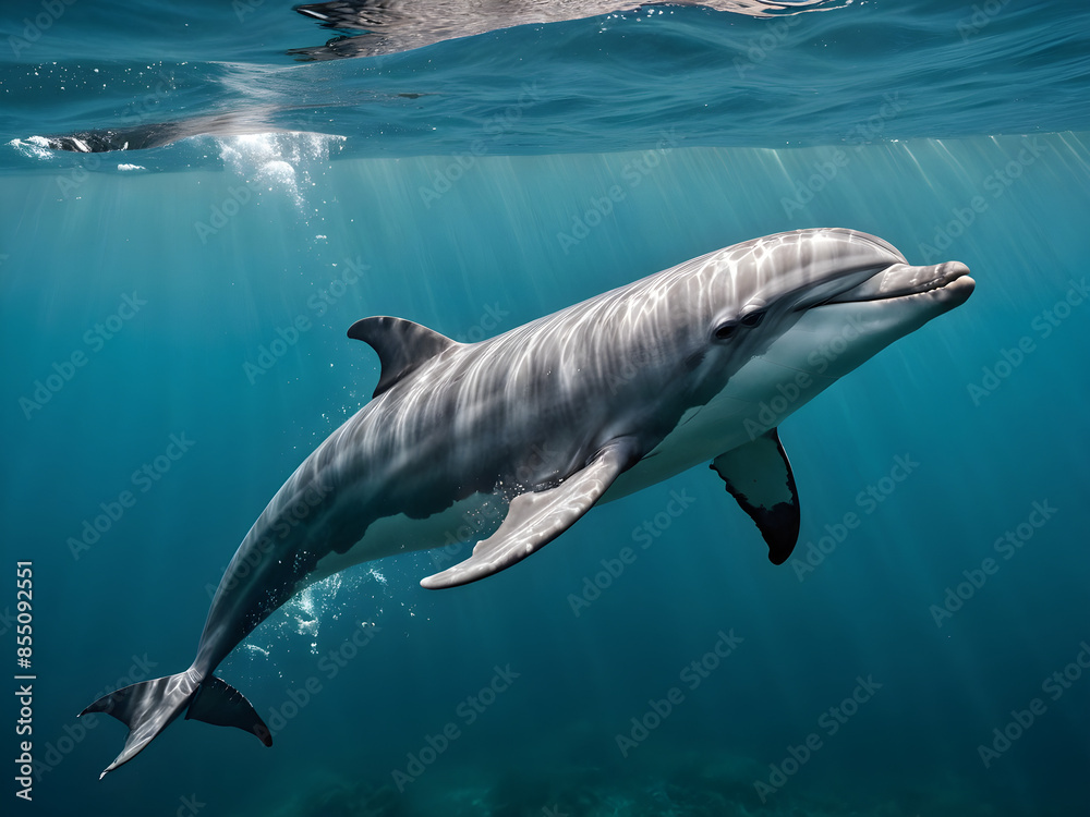 Naklejka premium Dolphin Swimming Near the Surface Underwater