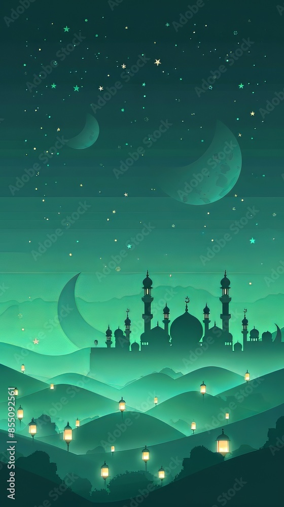Naklejka premium Islamic Green Background With Mosque