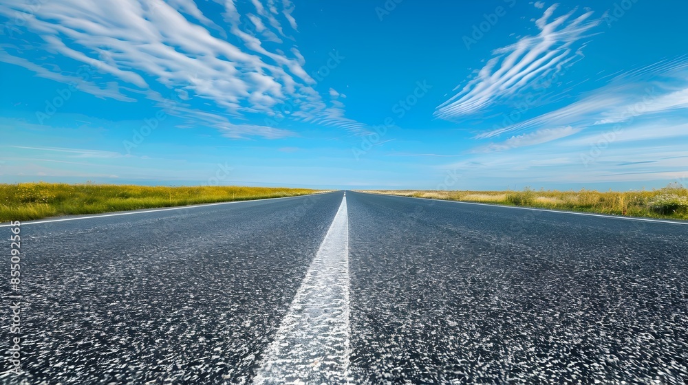 Endless Rural Road Through Lush Countryside with Bright Blue Sky and Wispy Clouds Endless Rural Road Through Lush Countryside with Bright Blue Sky and Wispy Clouds