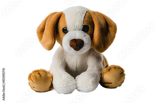 A vibrant image of a dog stuffed animal toy, isolated on a transparent background, highlighting its floppy ears and plush texture