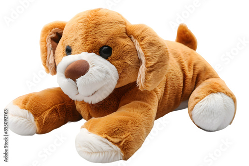 A vibrant image of a dog stuffed animal toy, isolated on a transparent background, highlighting its floppy ears and plush texture