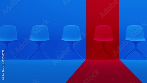 Unique Red Chair Among Blue Chairs.