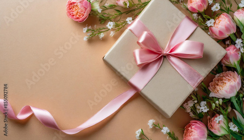 gifts adorned with pink ribbon bows and flower buds on a soft peach fuzz color background, capturing the essence of Valentine's Day with its romantic and cheerful vibe © Your Hand Please