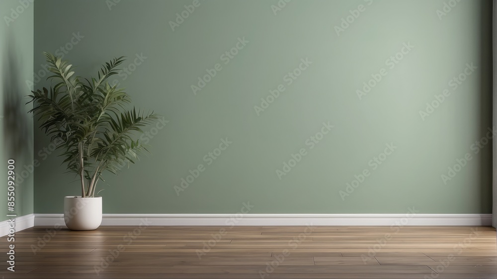 Interior home of empty room with plant on sage green wall copy space blank mock up, furniture product background Interior home of empty room with plant on sage green wall copy space blank mock up, furniture product background