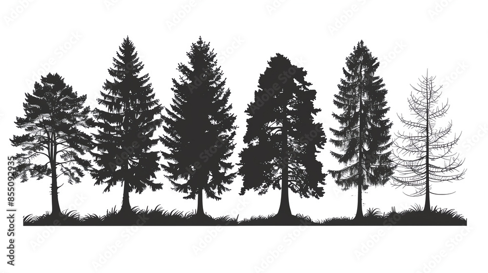Illustration of different tree silhouettes, capturing various pine tree types in black and white on a white background. Illustration of different tree silhouettes, capturing various pine tree types in black and white on a white background.