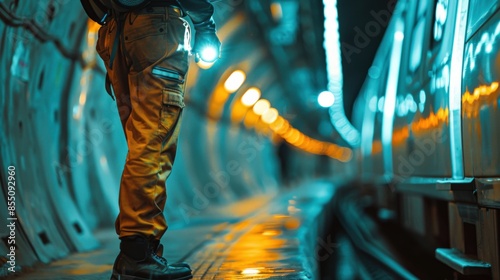 Underground tunnel construction site with worker photo