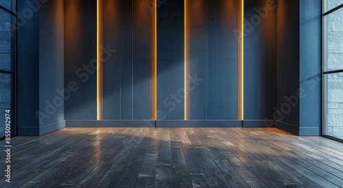 Wallpaper Mural Empty Room With Blue Walls and Wood Floor Under Light Torontodigital.ca