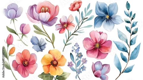 Wallpaper Mural Vibrant Watercolor Floral Arrangement with Blooming Flowers and Lush Foliage Torontodigital.ca
