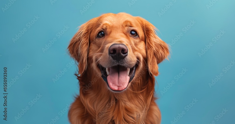Golden Retriever Dog Smiles Against Blue Background Golden Retriever Dog Smiles Against Blue Background
