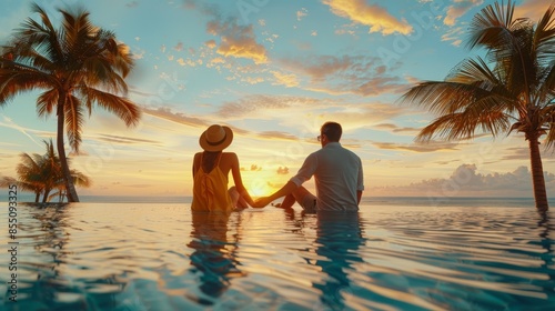 Couple Relaxing in Infinity Pool at Sunset in Tropical Paradise