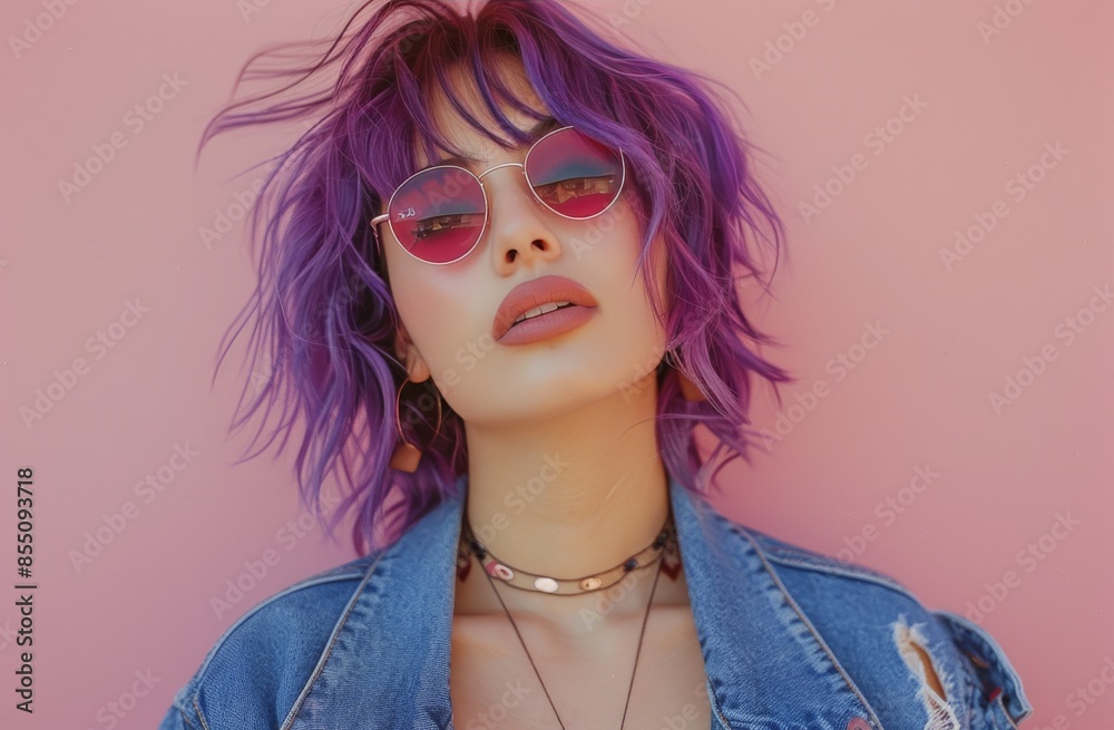 Young Woman With Purple Hair Wearing Sunglasses Against Pink Wall