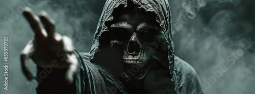A Grim Reaper Figure With A Skull Mask Reaches Out From The Mist