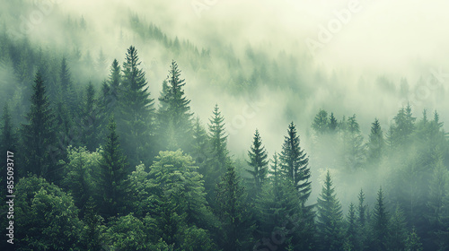 Misty forest landscape with dense pine trees and fog creating a serene and mysterious natural scenery, perfect for backgrounds and nature projects.