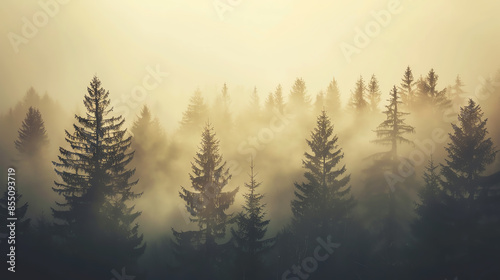 Mystical sunrise over foggy forest with tall trees creating an ethereal atmosphere, perfect for nature and landscape themes.