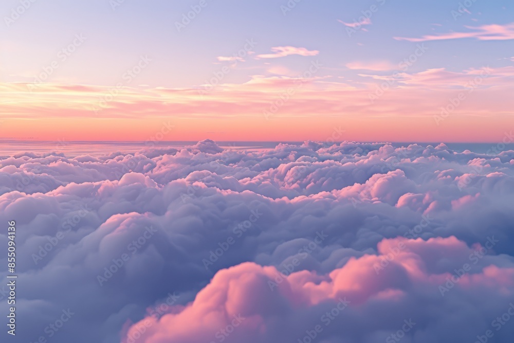 A serene view of fluffy clouds basking in the soft hues of a sunset. Pink and purple colors dominate the tranquil atmosphere. A serene view of fluffy clouds basking in the soft hues of a sunset. Pink and purple colors dominate the tranquil atmosphere.