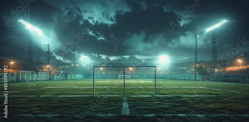 Empty Soccer Field Under Floodlights at Night