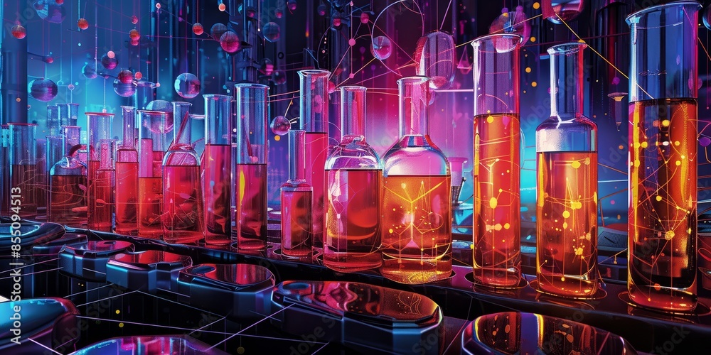Vibrant Laboratory with Bubbling Glass Flasks and Beakers in Futuristic Atmosphere Vibrant Laboratory with Bubbling Glass Flasks and Beakers in Futuristic Atmosphere